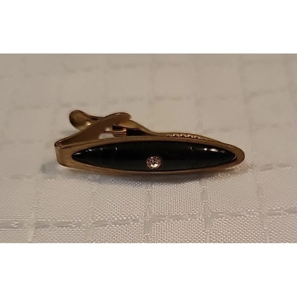 Vingtage Metal Gold Tone Money‎ Clip, Cufflinks, Tie Clip Onyx Clear Stone
